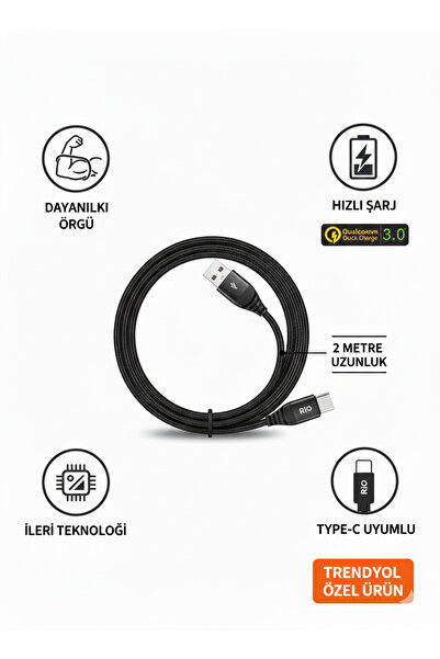 RİOTECH MOBILE Rio 2 metre Dayanıklı Örgü Type-C Kablo | Hızlı Şarj Destekli Güçlü Şarj Kablosu