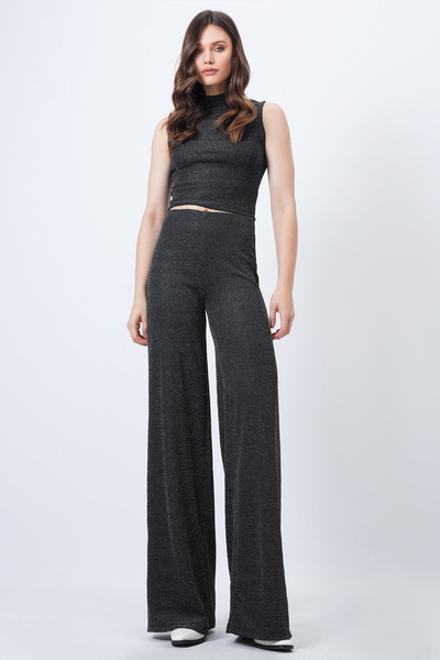 Trend Alaçatı Stili Women's Black Mock Neck Tank Top and Palazzo Pants Glitter Set Vs01658