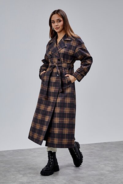 Bolivente Elora Navy Blue Plaid Detailed Premium Oversized Trench Coat 46650