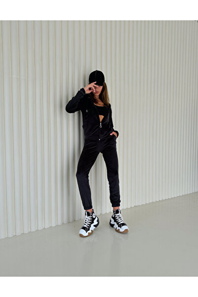 Winmoda34 Velvet Tracksuit Set Hooded Zippered French Velvet Soft