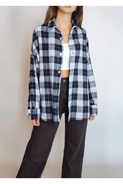 oyagüler Women's Blue Plaid Cotton Button-Up Lumberjack Shirt Yy101293