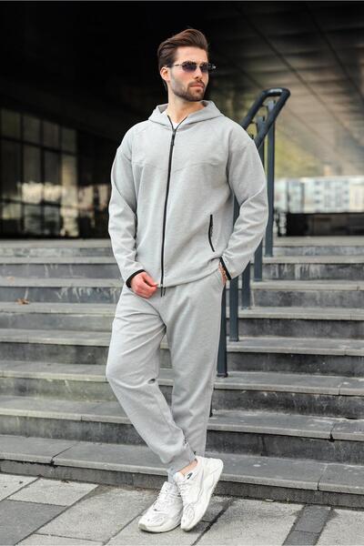 Madmext Gray Men's Hooded Zippered Men's Tracksuit Set E7343