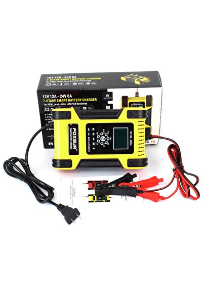 Foxsur Smart Battery Charger 12V/24V, 4–200Ah, 12A/6A, Display, Pulse Repair, Start-Stop Support