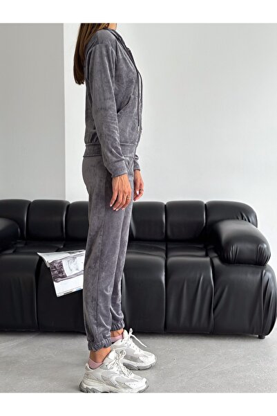 Winmoda34 Velvet Tracksuit Set Hooded Zippered French Velvet Soft