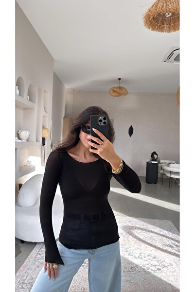 Buket Teke Black Boat Neck Transparent Cashmere Blouse