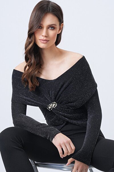Trend Alaçatı Stili Women's Black V-Neck Draped Accessories Detailed Glitter Blouse Vs01709