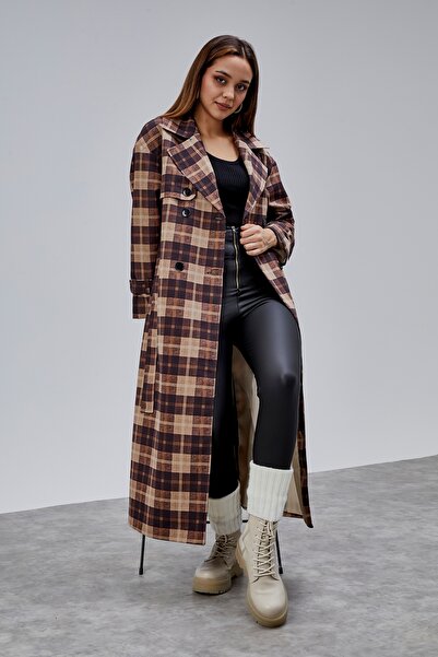 Bolivente Elora Brown Plaid Detailed Premium Oversized Trench Coat 46650
