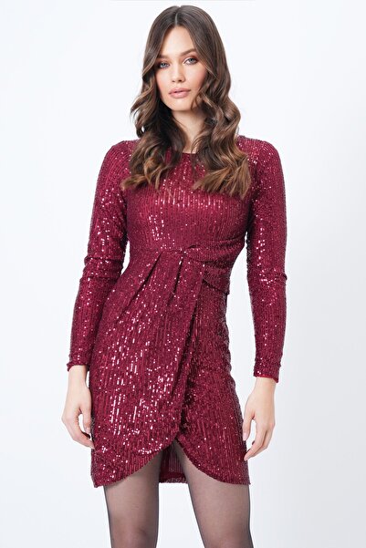 Trend Alaçatı Stili Γυναικείο Μίνι Φόρεμα με Κόκκινο Φερμουάρ και Παγιέτες VS01713