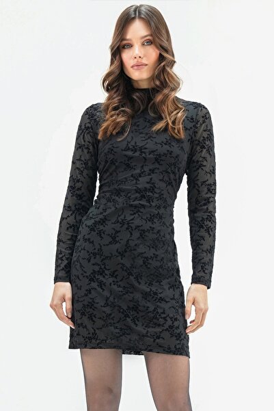 Trend Alaçatı Stili Women's Black Tulle Detailed Mock Neck Velvet Mini Dress Vs01657