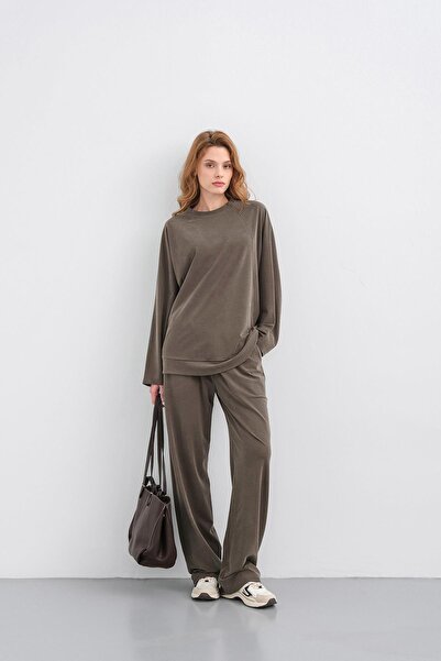 Basicpark HAKİ Kadın Yumuşak Dokulu Bisiklet Yaka Basic Bol Paça Alt-Üst Takım