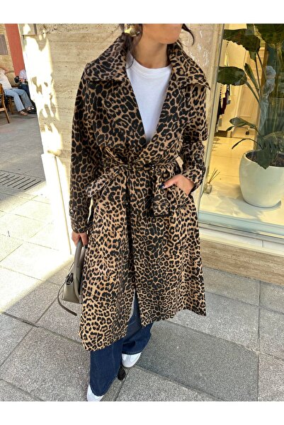 moda paketi Women's Leopard Print Belted Long Trench Coat – Stylish Casual Outerwear – Oversized Models