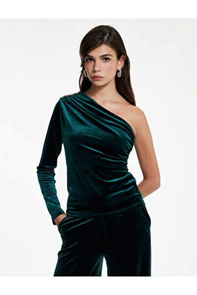 Koton Long Sleeve One Shoulder Rhinestone Velvet Blouse