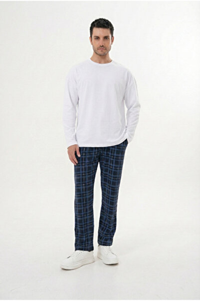 Pijamasoft Men's White-Dark Blue Plaid Printed Cotton Knitted Long Sleeve Pajama Set with Pockets