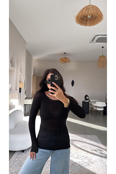Buket Teke Black Boat Neck Transparent Cashmere Blouse