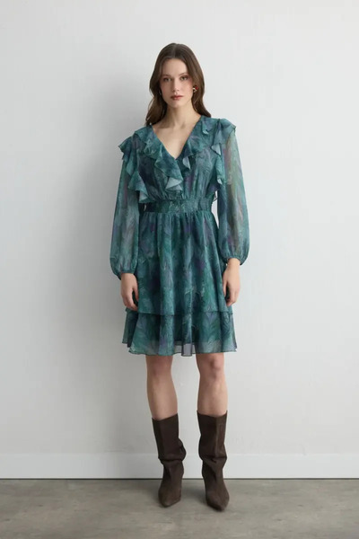 Gusto Anka Collection Flounce Chiffon Dress - Green