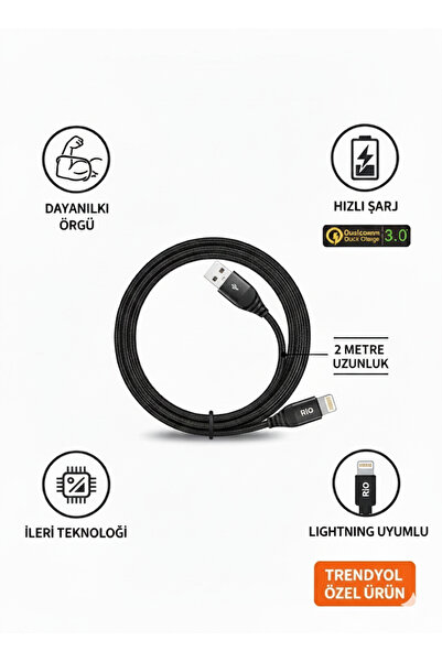 RİOTECH MOBILE Rio 20W 2 metreHızlı Şarj iPhone Lightning Kablo – Dayanıklı Ö...