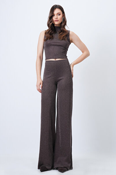Trend Alaçatı Stili Women's Brown D Mock Neck Sleeveless Blouse and P Palazzo Pants Glitter Suit Vs01658