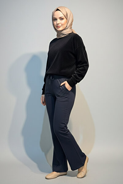 Lale Butik Nervür Stitched Waist Elasticated Lace-Up Trousers 1887 Anthracite