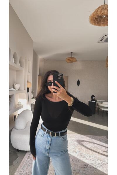 Buket Teke Black Boat Neck Transparent Cashmere Blouse