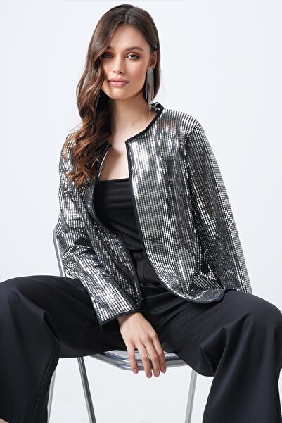 Trend Alaçatı Stili Women's Gray Sequined Open Form Jacket Vs01653
