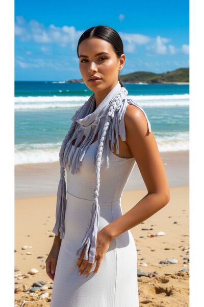 Gönülden Tasarım Gray Knitted Patterned Combed Cotton Women's Scarf 150X24 cm