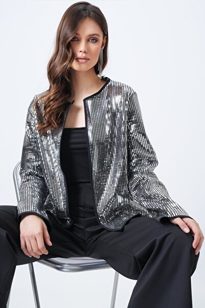 Trend Alaçatı Stili Women's Gray Sequined Open Form Jacket Vs01653