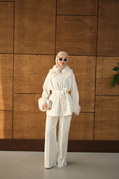 LOCCO Women's Suit with Fur Detail on Sleeves and Collar, White
