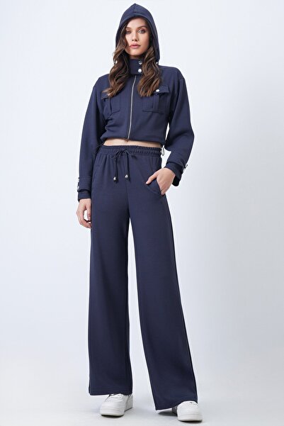 Trend Alaçatı Stili Women's Navy Blue Hooded Double Pocket Jacket and Elastic Waist Trousers Set Vs01710