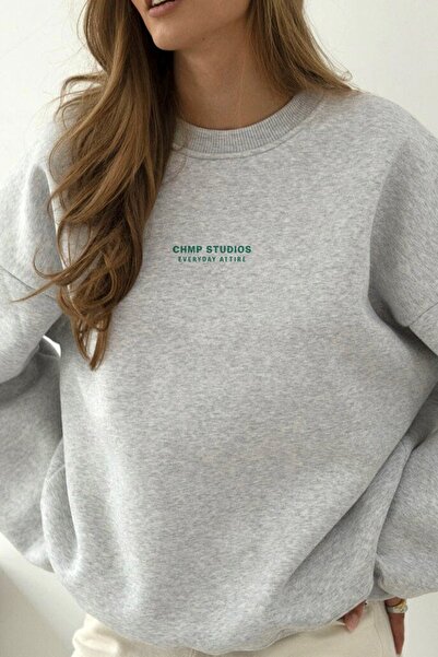 The Champ Clothing Women's Oversized Sweatshirt Chmp Studios Gray – Crew Neck, 3 Thread Brushed Fleece