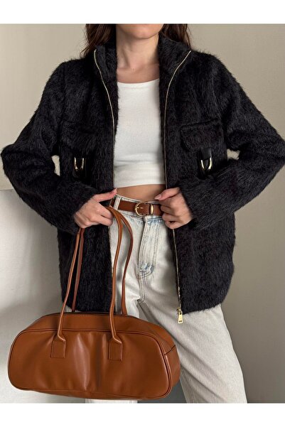 asur boutique Asur Boutique Women's Felt Fabric Buckle Zipper Jacket