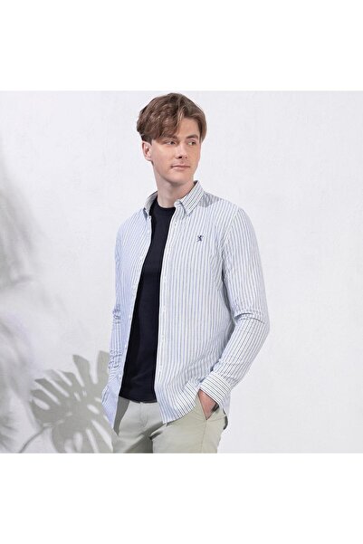 Giordano قميص أكسفورد قطني للرجال - تطريز أسد صغير، قصة ضيقة، أزرار كاملة