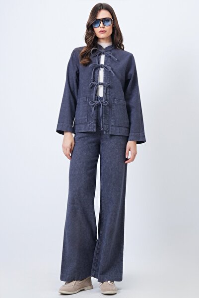 Trend Alaçatı Stili Women's Dark Blue Textured Lacing Detail Jacket and Wide Leg Pants Set Vs01688