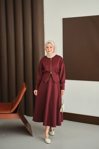 LOCCO Women's Waist Corset Detail Suit Burgundy