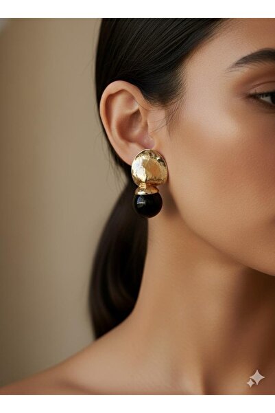 Pelin Aksesuar Gold Varak Dokulu sİYAH Top Sallantılı Büyük Küpe