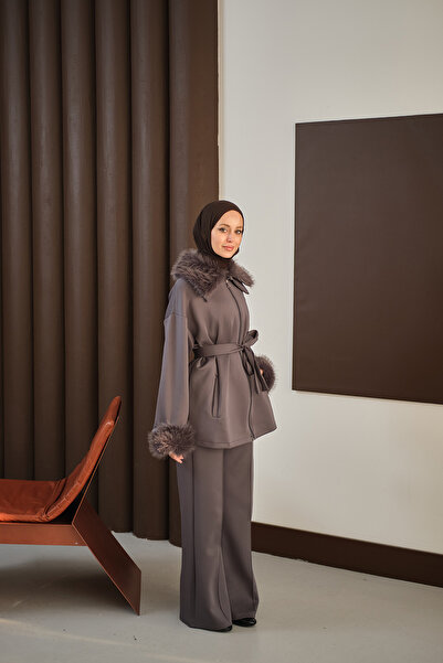 LOCCO Women's Suit with Fur Detail on Sleeves and Collar Anthracite