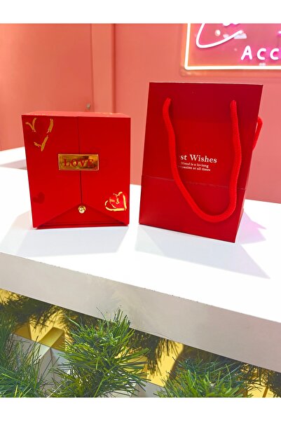 La She Accessories Kırmızı renk ortası gül detaylı takı çekmeceli şık hediye ...