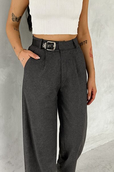 DeChival Women's Baggy Pants with Side Belt / Fabric Pants with Buckle Belt