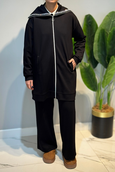 Lale Butik Sequin Detail Front Zipper Tunic Trousers Set 2120 Black