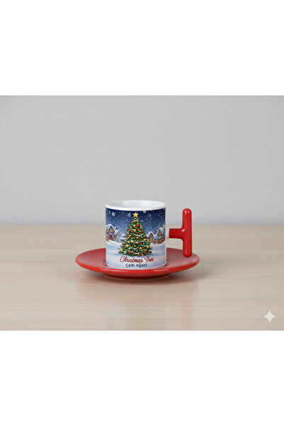 Bade BADEE TASARIM YILBAŞI ÇAM AĞACI KIRMIZI KULPLU TÜRK KAHVE FİNCANI