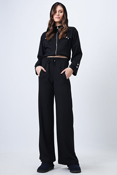 Trend Alaçatı Stili Women's Black Hooded Double Pocket Jacket and Elastic Waist Trousers Set Vs01710