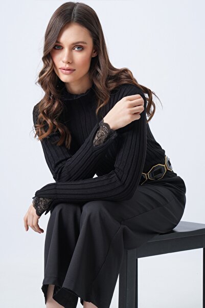 Trend Alaçatı Stili Women's Black Tulle Detailed D Mock Neck F Corded Fabric Knitwear Sweater Vs01692