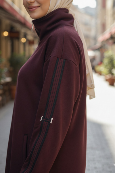 Lale Butik Tunic Trousers Suit with Stripe Belt Detail on the Sleeves 2119 Burgundy