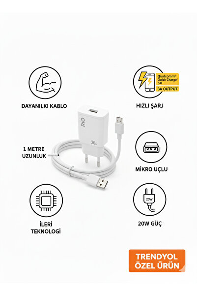 RİOTECH MOBILE Rio 20W Hızlı Şarj aleti Adaptörü + Mikro USB Kablo | Android ...