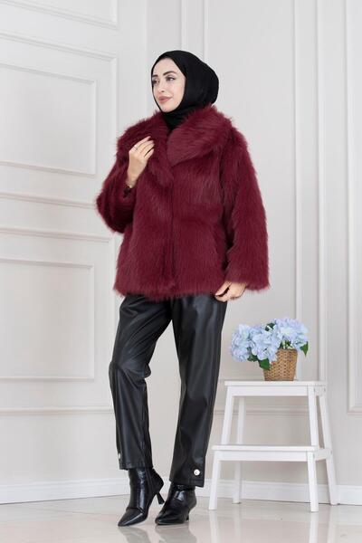 Sevitli Guler șal cu velcro din blană artificială-burgundy