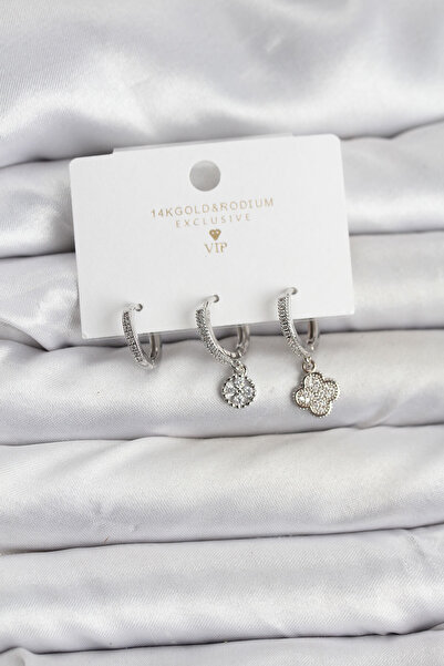 Clariss Brass Silver Color Clover Model 3-Piece Women's Earring Set - Kp-0707