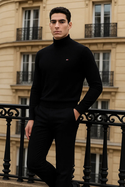 comstar Men's Trendy Winter Half-High Collar Black Knit Sweater