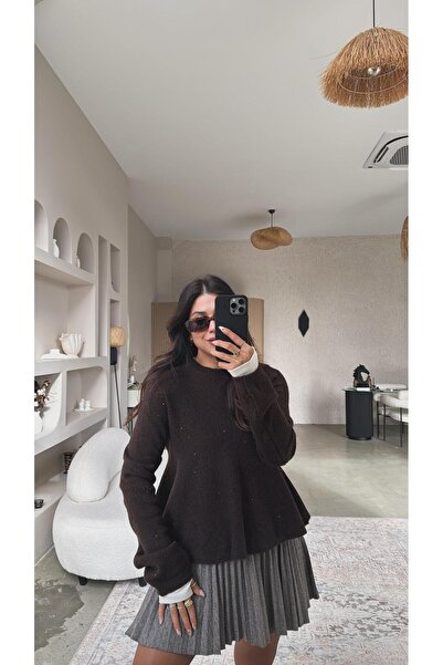 Buket Teke Brown Sequined Flounce Soft Sweater