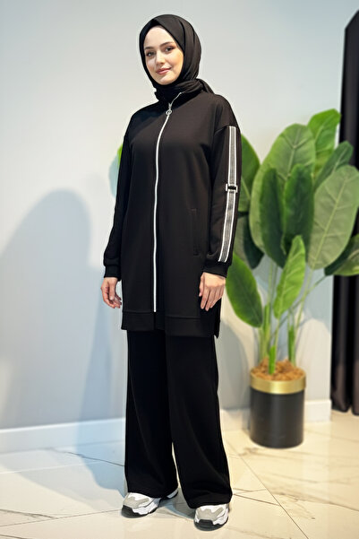 Lale Butik Striped Belt Detail Tunic Trousers Set 2119 Black