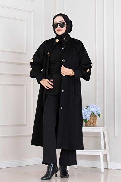 Sevitli Hakim Collar Brooch Button Detailed Coat-Black