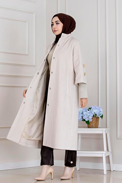 Sevitli Hakim Collar Brooch Button Detailed Coat-Stone